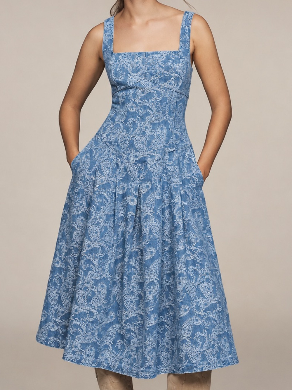 🆕🫐Avec Les Filles Blue Paisley Jacquard Denim Midi Dress Fit&Flare Pockets Size6